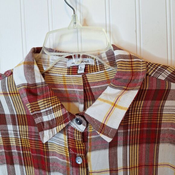 White Birch Women Button Up Raw Hem Shirt Size L Brown Plaid‎ Pockets Split Back - Picture 5 of 14